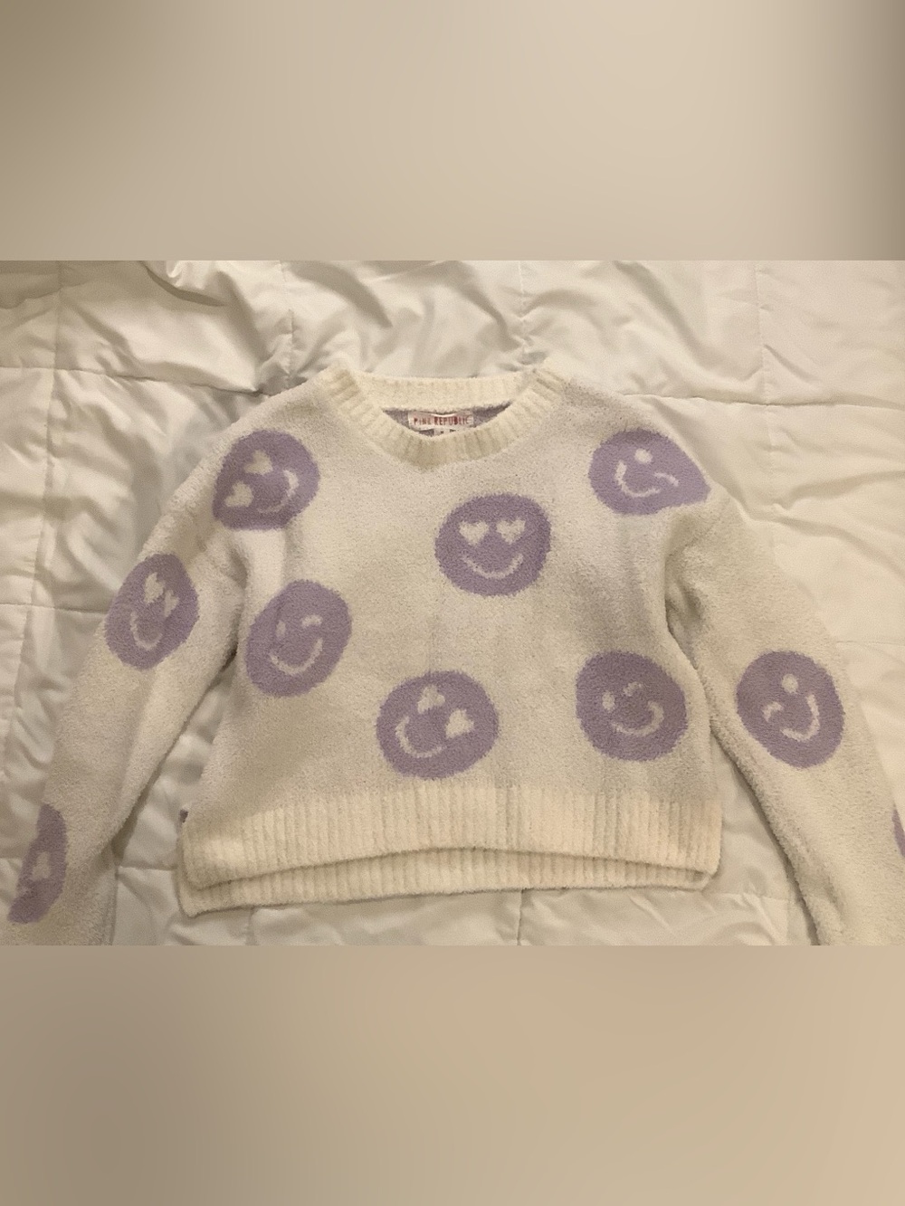 Pink Republic Cream Crewneck Sweater with Lavender Smiley Motifs